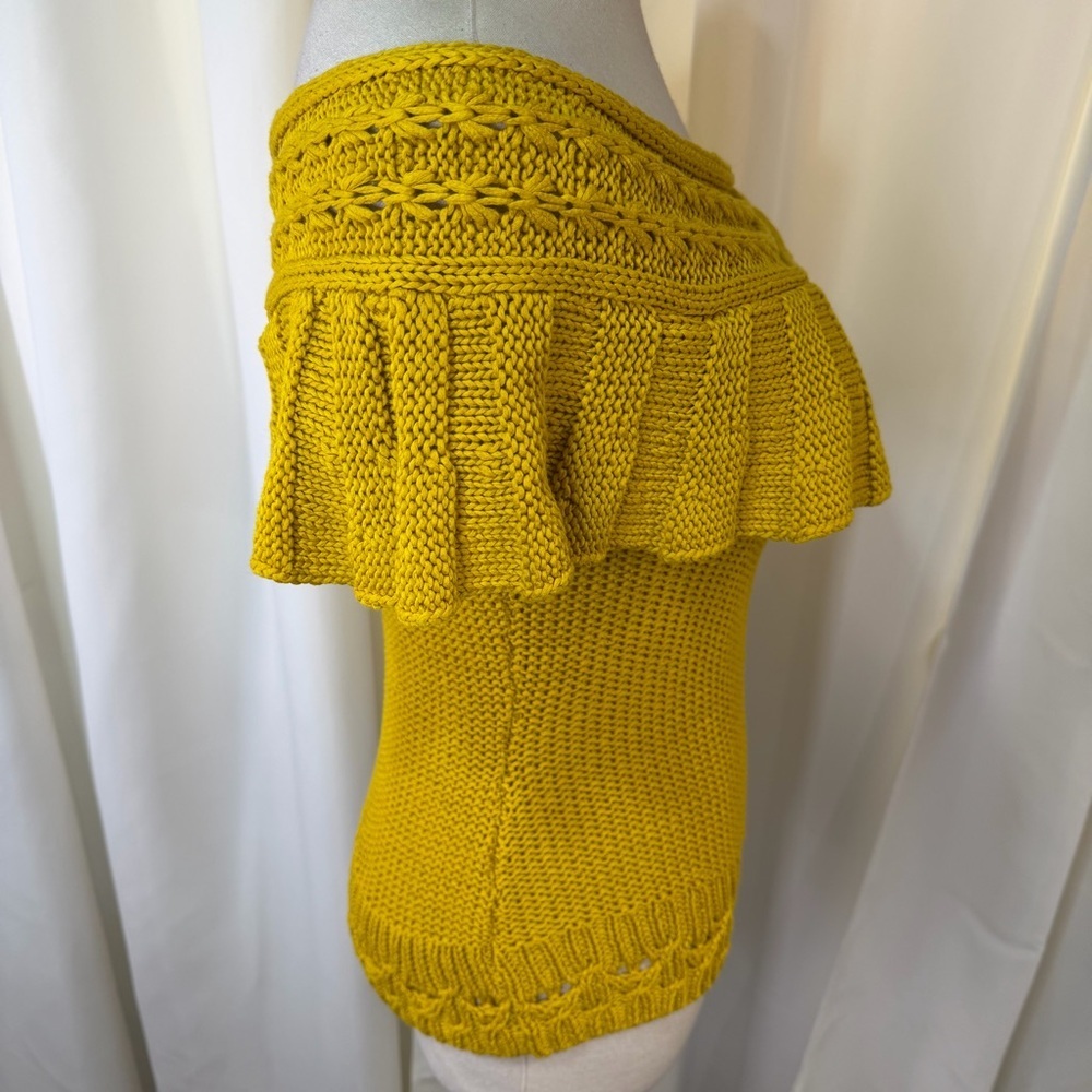 Anthropologie Mustard Yellow Ruffled Off-The-Shoulder Crocheted Sweater Size XS - Picture 13 of 16